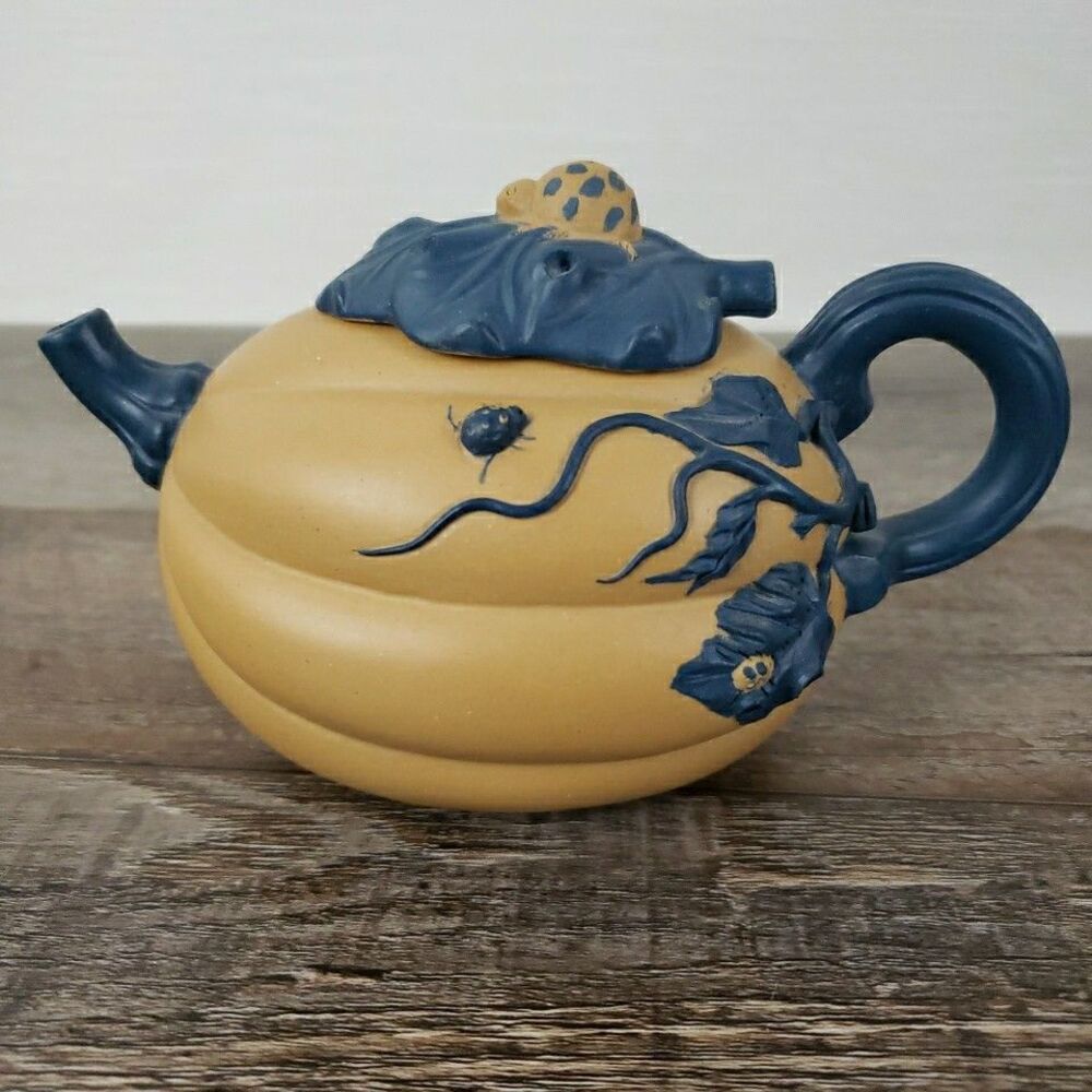 Chinese Art Pottery Yixing Zisha Teapot Squash Two Tone Gourd Ladybugs Marked